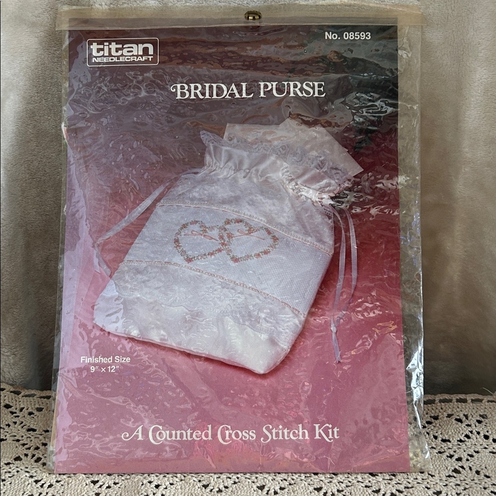 VTG Counted Cross Stitch Kit Bridal Purse Hearts Quality Satin Fabric Lace Trims